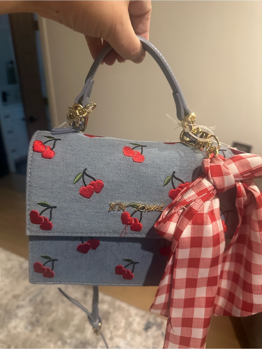 Betsy Johnson Cherry Embroidered Top-Handle Bag - with scarf, crossbody strap.